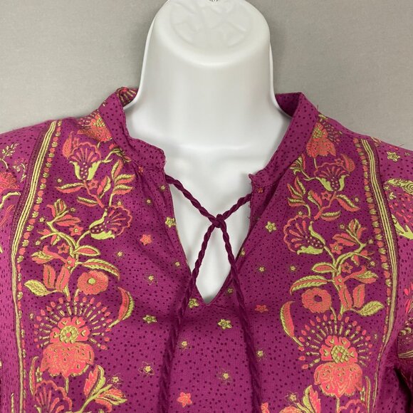 Max Tunic Top Blouse‎ Cropped Bell Sleeves Floral Hummingbird Tassel Neck Small - Picture 13 of 16